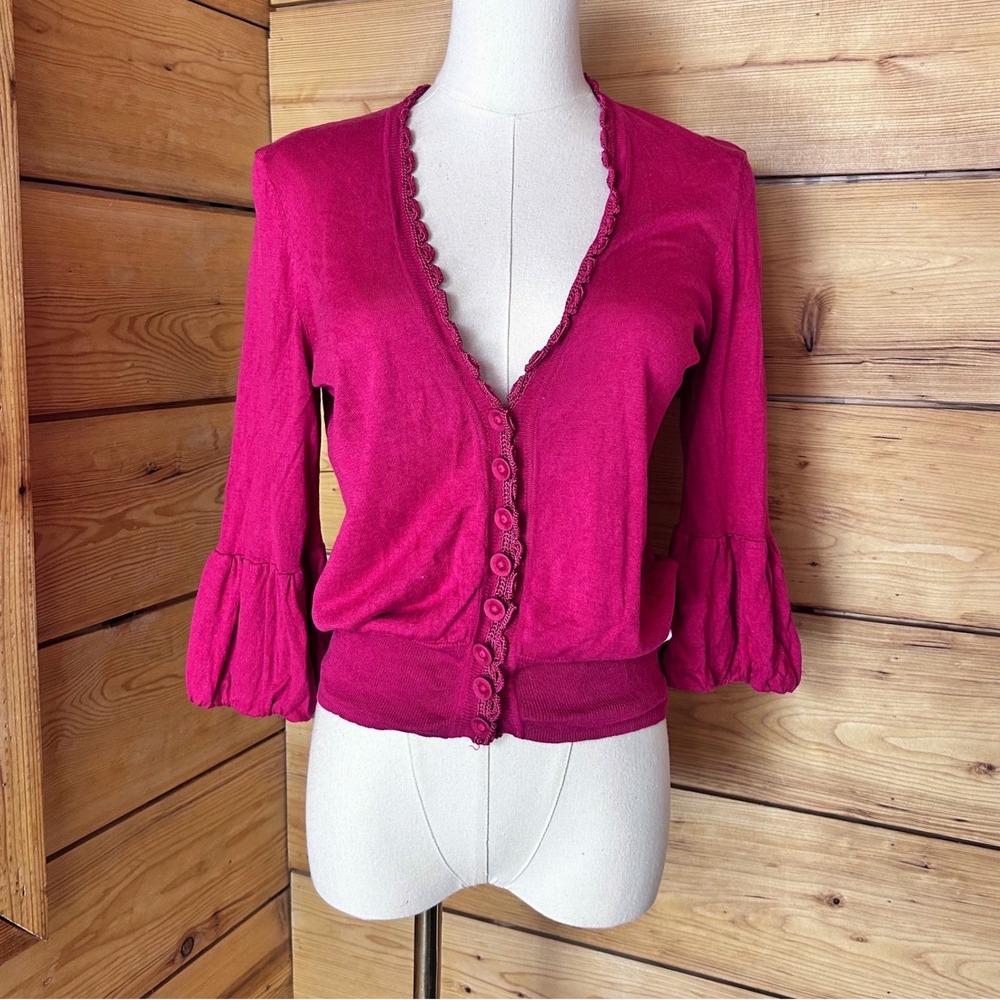 Silk Wool Blend Cardigan Women Size Large Fuchsia Pink Bell Sleeve Nougat London
